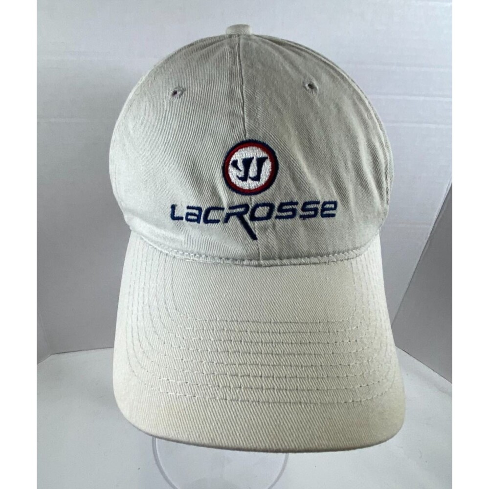 Vintage Warrior Lacrosse Hat Stone Off White Navy Blue Embroidered Dad Cap OSFA